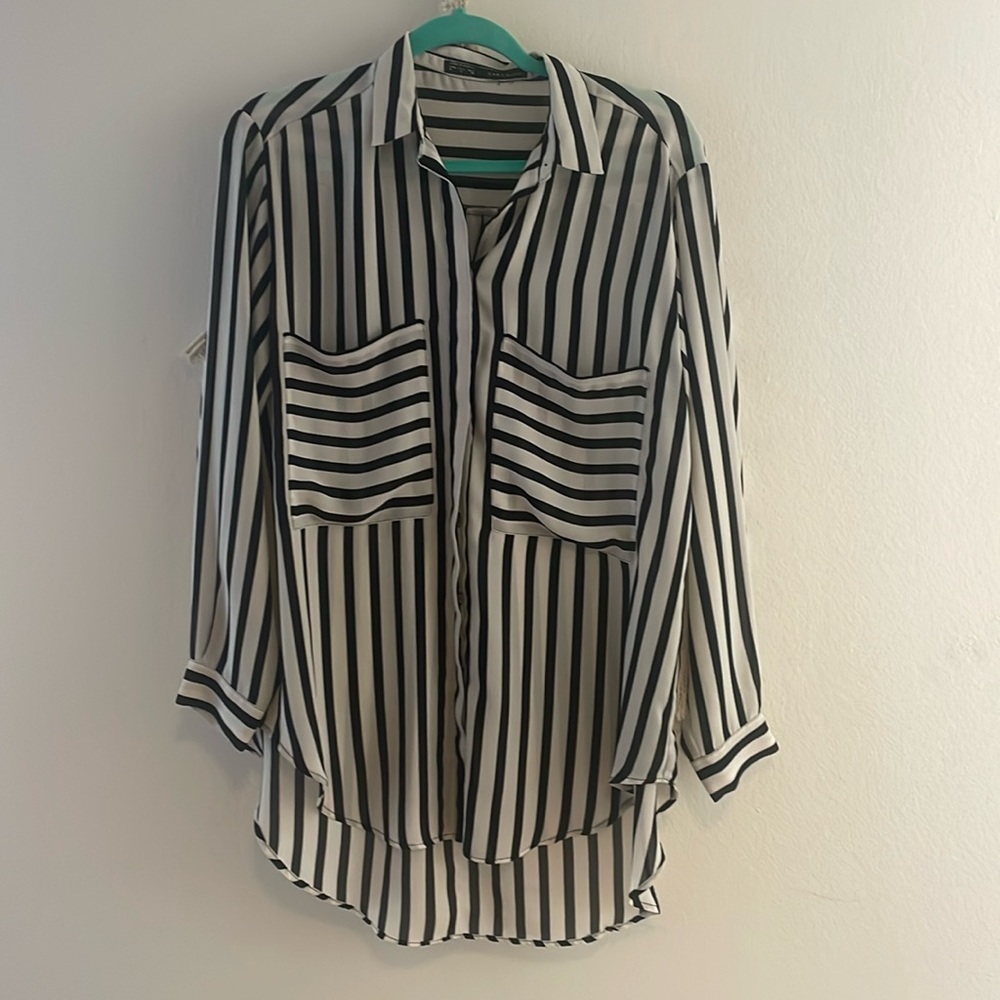 Striped zara button up tunic sheer